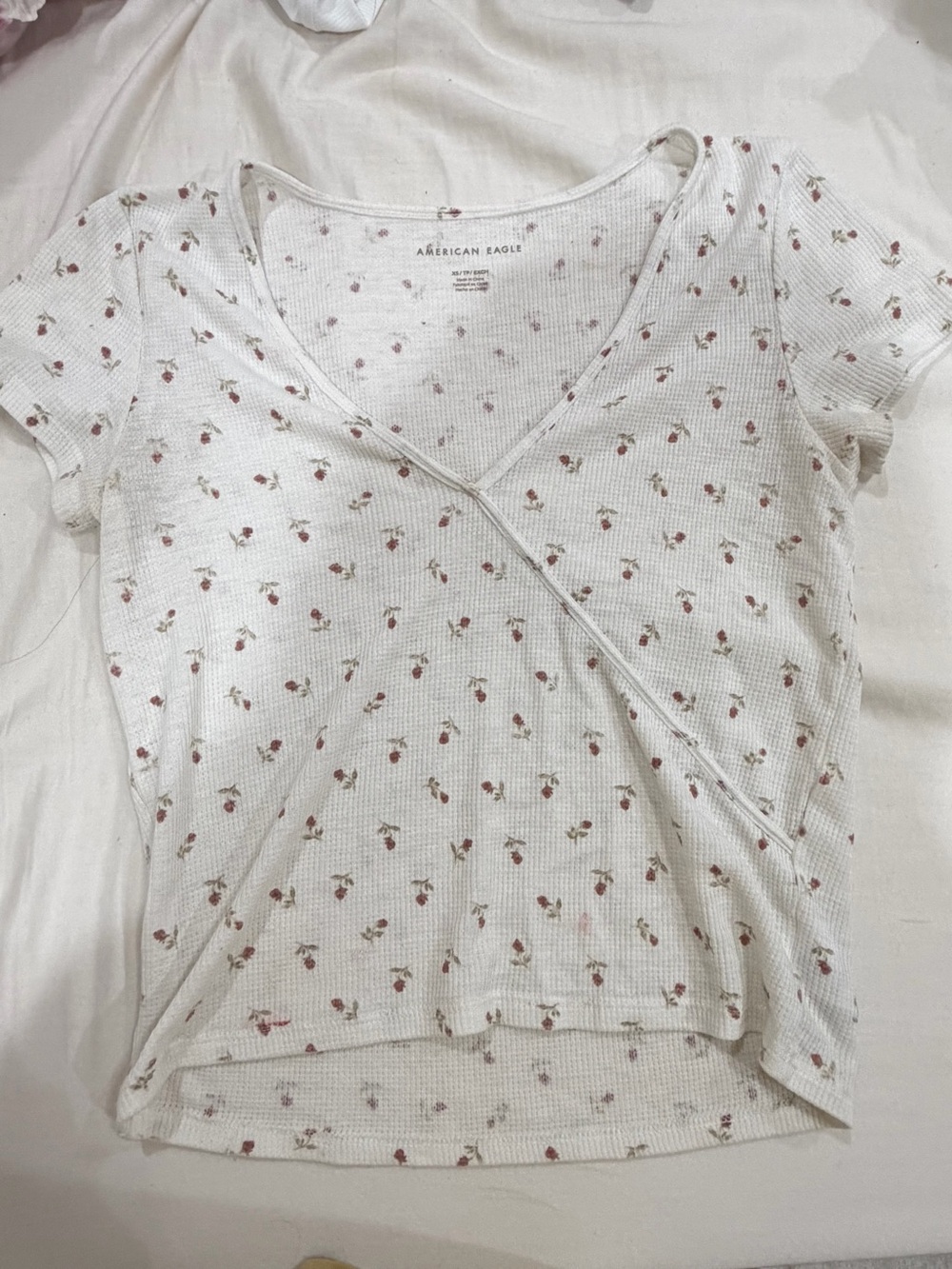 American Eagle Outfitters White Short-Sleeve Floral Wrap-Style Top